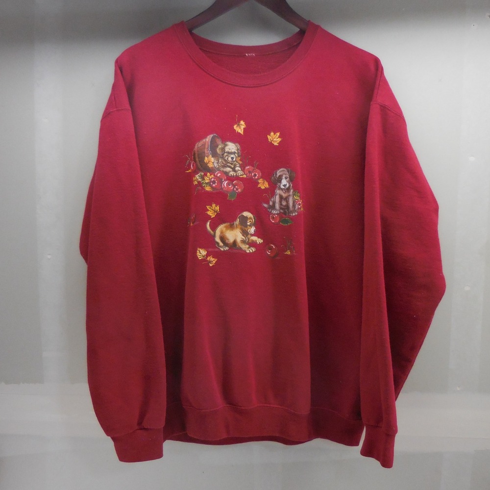 Vintage Puppy Dog Autumn Apple Graphic Sweatshirt Red XL Crewneck Pullover